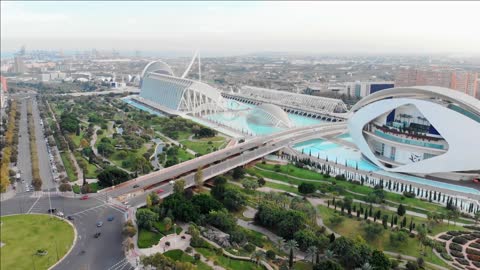 drone footage of modern city of arts and sciences in valencia