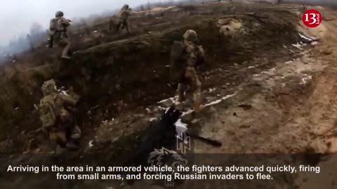 Ukrainian fighters disembarking an armored vehicle, clear a stronghold from Russians -Combat footage