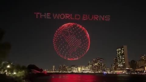 "Amazon Burns, the World Burns" writes UN drones in the sky of NY