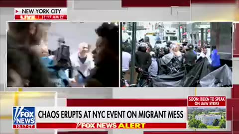 Chants of "close the border" drown out AOC giving a press conference in NYC.