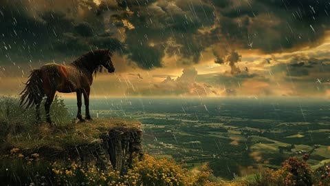 Serene Horse On Hilltop In The Rain 🐴 : Relaxation & Sleep Aid | Asmr Animal Ambience 🌙