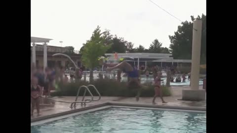 Girl falls Off zipline into pool