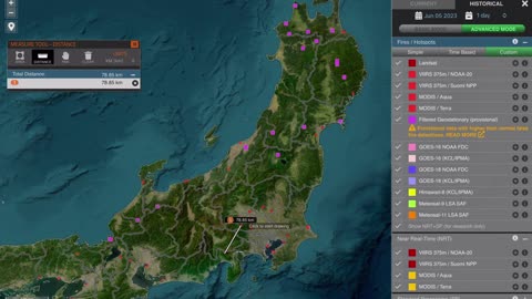 Mount Fuji hotspots and fires from 2023-05-26 ~ 06-05 monitored by NASA, 気象庁. 富士山噴火警戒。富士山北側山麓の気温が高い。