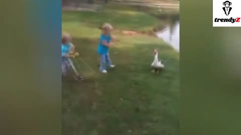 Cute little girl playing with a duck