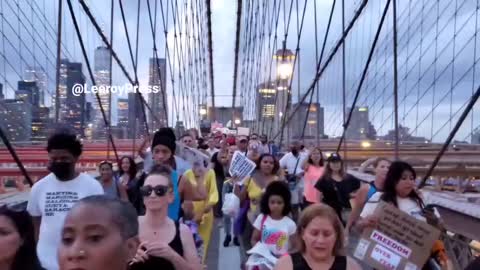 Brooklyn Bridge in New York City. Protesters against Poky