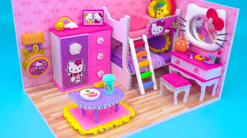 DIY Miniature House ❤️ Building Hello Kitty Pink Bedroom with Bunk Bed, Makeup Set from Polymer Clay