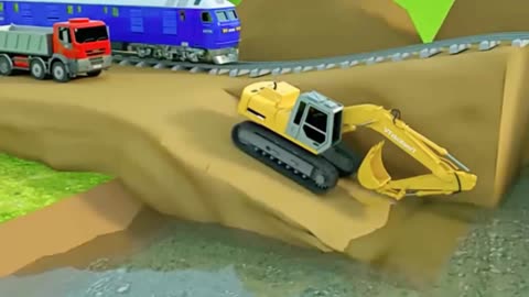 Excavator Crawler Crane and Construction Trucks for kids Railway Bridge Repair