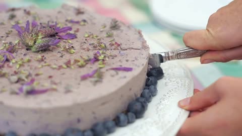 Vegan Blueberry Cake Cut with Knife