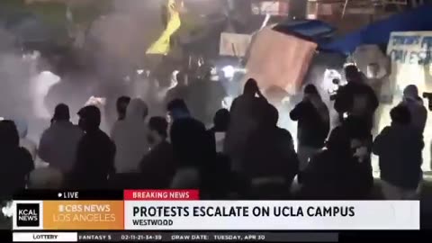 U.S: A flag with a crown and the word "Moshiach" waved by pro-Israel protesters at UCLA.