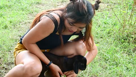 Cute Girl Do funny with goat very happy , beautiful girl love goat