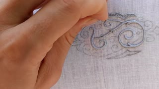 White Embroidery, stitching a line with sateen stitch