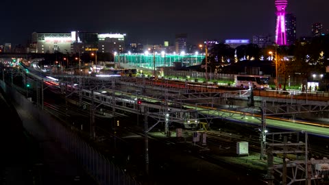 Osaka train traffic and city lights