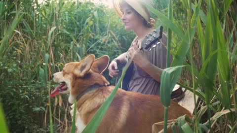 Young redhead girl playing guitar in park with corgi dog beside her