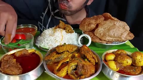 huge puri and fish kadai mutton handi egg handi masla and basmati rice eating show mukbang food