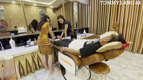 [4K FULL VERSION] Amazing 4 hands service with 2 beautiful young girls at Vietnam massage barbershop