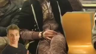 Guy drinks dunkin donuts coffee creamer bottle on subway train