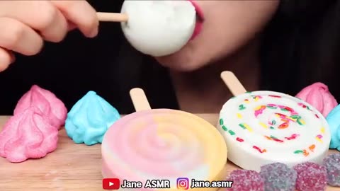 ASMR eating lollipop ice cream ,Marshmallow and gummy jelly