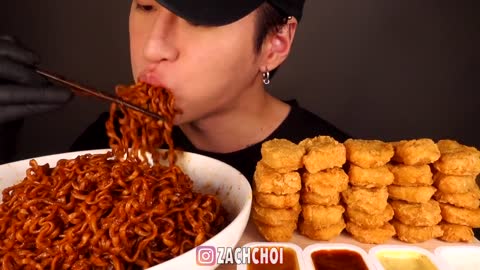 ASMR MUKBANG BLACK BEAN FIRE NOODLES & CHICKEN NUGGETS (No Talking) EATING SOUNDS