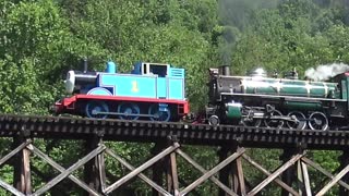 Thomas the train crossing a railway bridge in real life and scaring away birds!