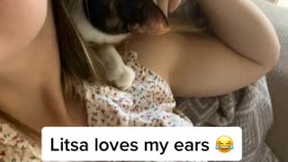 Kitty cleans owners ears!