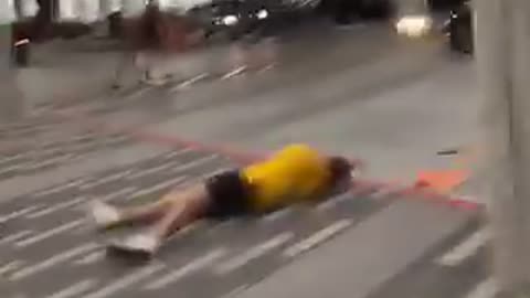 Nsfw yellow shirt red flag guy tries to jump white sign