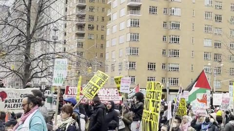 pro-Palestine and pro-Yemeni terrorist activists who have gathered in NYC's Columbus Circle.