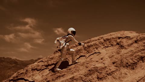 An Astronaut walking uphill