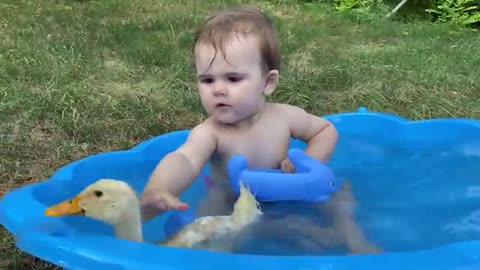 Funny Baby Reaction to Duckling in the Pool