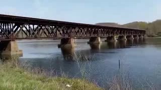 Upper part high railroad crossing across the Hudson river in Mechanicville New York