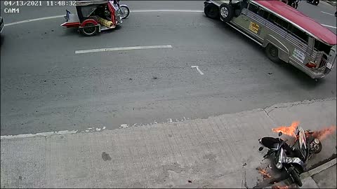 Motorcycle Bursts Into Flames in Front of Fire Extinguisher Shop
