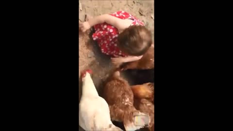 Cute Baby Girl Feed & Love The Chicken By Her Way