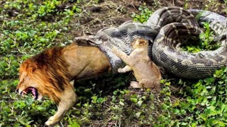 Lion vs Big Python Snake Real Fight Lion Cubs Defend His Brother From Python Hunt, Big Cat Diary