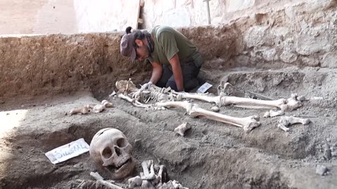 Tombs and many human skeletons found in the excavation of historical Iznik city walls