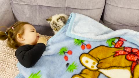 Cute Baby Trying to Put the Cat to Sleep