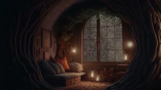 Warm Windy Night in Hobbit House | Rain on Window and Low Thunderstorms | 10 Hours