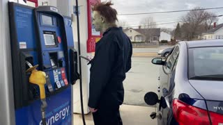 Horror Icon Michel Myers always wears a mask when getting gas during a Pandemic