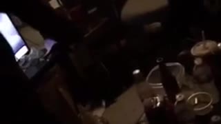 Guy falls down and knocks down tv and light