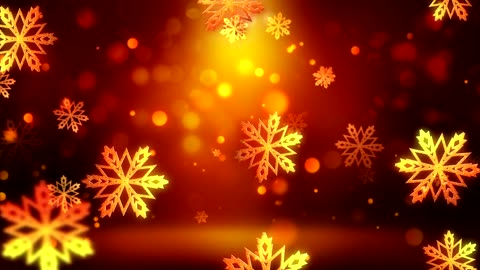 Golden snowflakes falling on red background.