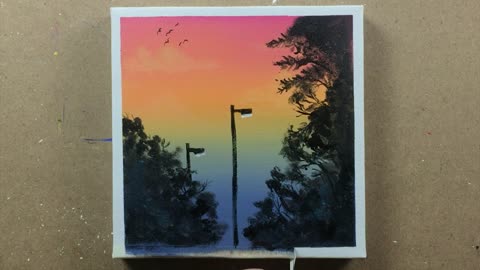 Streetlights and sunset, easy acrylic painting.