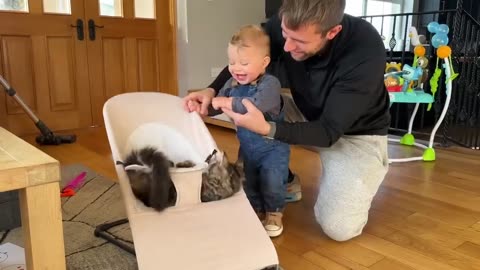 Adorable Baby Boy Bounces His Baby Cat and Laughs (Cutest Ever!!)