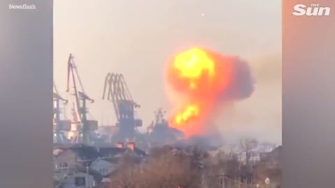 ‘Russian ship packed with ammo is BLOWN UP’ in Ukrainian port as Putin's navy flee