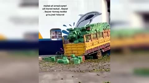 A truck was carrying oranges but oranges fell due to objections while trying to board a large ship