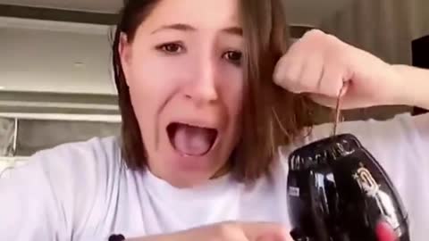 Girl gets hair stuck in hair dryer and panics #fail, #girl, #hairdryer, #panic