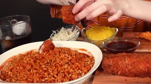 Cheese Roll Cutlet, Buldak Noodles and Deep-fried Shrimp Mukbang