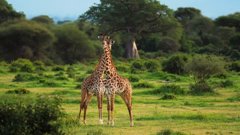 Cute portrait of two giraffes casually standning near each other, looking at camera
