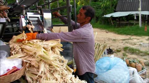 Sugar cane juice and opening the coconut - Koh Chang, Thailand