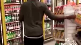 Chef nory guy pretends bee in convenience stores knocks everything over and runs
