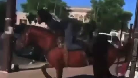 The horseman came out of the shop with a horse