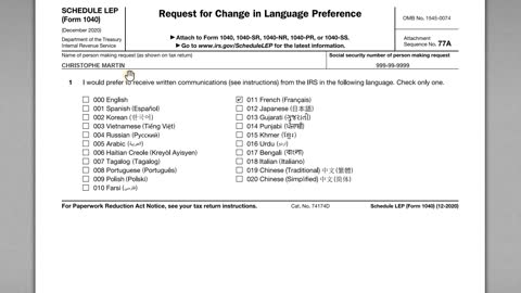 IRS Form 1040 Schedule LEP - Change Language Preference with the IRS