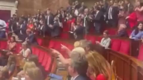 Jubilant scenes tonight in the French parliament as they defeat Macron's "Covid pass"